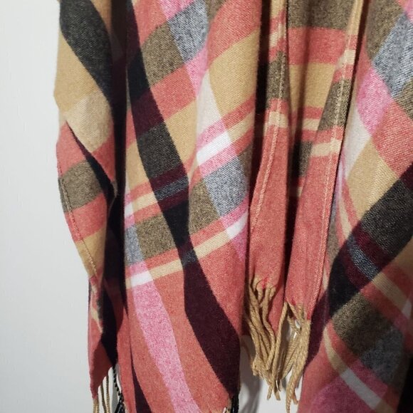 Woolrich Plaid Fringe Blanket Wrap Shawl Cape Tan Pink Poncho Womens One Size - Picture 2 of 6